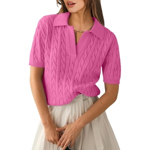 image:imageANRABESS Womens Short Sleeve Cable Knit Polo Sweaters Summer Fall OutfitsBright Pink