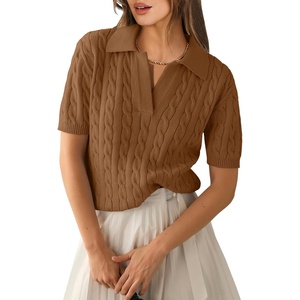 image:imageANRABESS Womens Short Sleeve Cable Knit Polo Sweaters Summer Fall OutfitsBrown