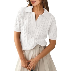 image:imageANRABESS Womens Short Sleeve Cable Knit Polo Sweaters Summer Fall OutfitsCream