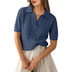 image:imageANRABESS Womens Short Sleeve Cable Knit Polo Sweaters Summer Fall OutfitsDusty Blue