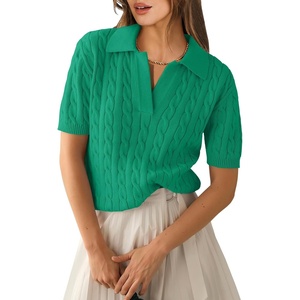 image:imageANRABESS Womens Short Sleeve Cable Knit Polo Sweaters Summer Fall OutfitsGreen
