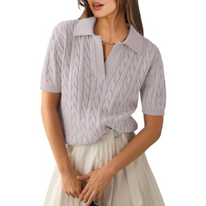 image:imageANRABESS Womens Short Sleeve Cable Knit Polo Sweaters Summer Fall OutfitsGrey