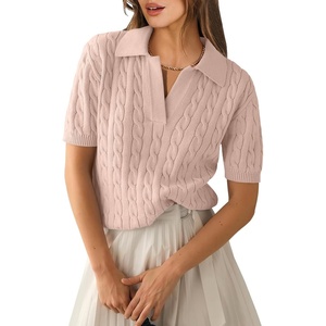 image:imageANRABESS Womens Short Sleeve Cable Knit Polo Sweaters Summer Fall OutfitsLight Brown