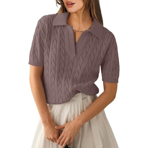 image:imageANRABESS Womens Short Sleeve Cable Knit Polo Sweaters Summer Fall OutfitsLight Coffee
