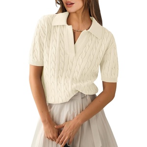 image:imageANRABESS Womens Short Sleeve Cable Knit Polo Sweaters Summer Fall OutfitsLight Yellow