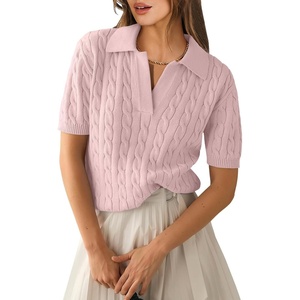 image:imageANRABESS Womens Short Sleeve Cable Knit Polo Sweaters Summer Fall OutfitsPink