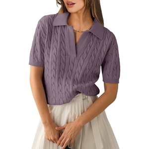 image:imageANRABESS Womens Short Sleeve Cable Knit Polo Sweaters Summer Fall OutfitsPurple
