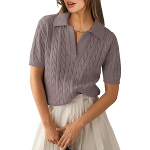 image:imageANRABESS Womens Short Sleeve Cable Knit Polo Sweaters Summer Fall OutfitsRed Apricot
