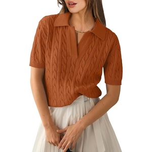 image:imageANRABESS Womens Short Sleeve Cable Knit Polo Sweaters Summer Fall OutfitsRust