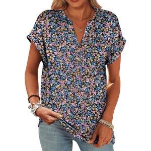 image:imageANRABESS Womens Short Sleeve Henley Tops Summer Shirts Dressy Casual BlouseBlue Purple Floral