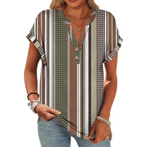 image:imageANRABESS Womens Short Sleeve Henley Tops Summer Shirts Dressy Casual BlouseBrown White Strip