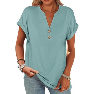 image:imageANRABESS Womens Short Sleeve Henley Tops Summer Shirts Dressy Casual BlouseCadet Blue