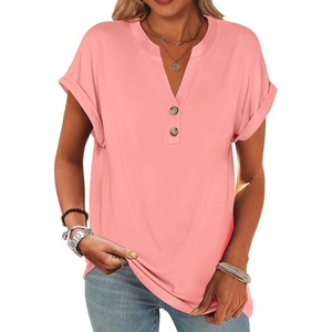 image:imageANRABESS Womens Short Sleeve Henley Tops Summer Shirts Dressy Casual BlouseCoral