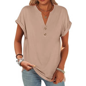 image:imageANRABESS Womens Short Sleeve Henley Tops Summer Shirts Dressy Casual BlouseKhaki