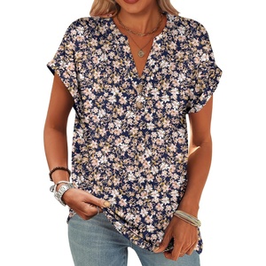 image:imageANRABESS Womens Short Sleeve Henley Tops Summer Shirts Dressy Casual BlouseNavy Blue Pink Floral