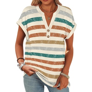 image:imageANRABESS Womens Short Sleeve Henley Tops Summer Shirts Dressy Casual BlouseOrange Lake Strip