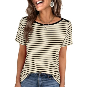 image:imageANRABESS Womens Striped Boat Neck Tops Short Sleeve TShirtsBeige Black Stripe