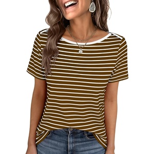 image:imageANRABESS Womens Striped Boat Neck Tops Short Sleeve TShirtsBrown White Stripe