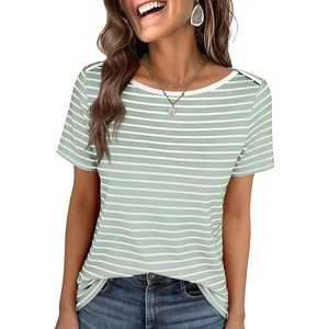 image:imageANRABESS Womens Striped Boat Neck Tops Short Sleeve TShirtsLight Green White Stripe