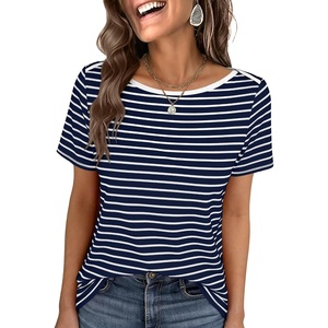 image:imageANRABESS Womens Striped Boat Neck Tops Short Sleeve TShirtsNavy Blue Stripe