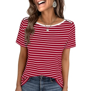 image:imageANRABESS Womens Striped Boat Neck Tops Short Sleeve TShirtsRed White Stripe