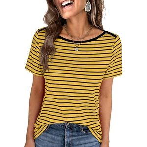 image:imageANRABESS Womens Striped Boat Neck Tops Short Sleeve TShirtsYellow Black Stripe