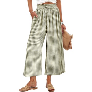 image:imageANRABESS Womens Striped Gingham Palazzo Cropped Pants with PocketsArmy Green White Plaid