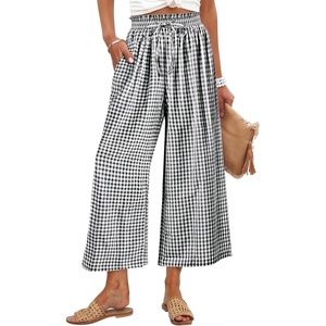 image:imageANRABESS Womens Striped Gingham Palazzo Cropped Pants with PocketsBlack White Plaid
