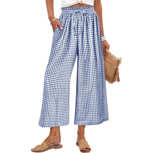 image:imageANRABESS Womens Striped Gingham Palazzo Cropped Pants with PocketsBlue White Plaid