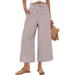 image:imageANRABESS Womens Striped Gingham Palazzo Cropped Pants with PocketsBrown White Stripe