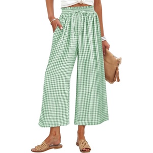 image:imageANRABESS Womens Striped Gingham Palazzo Cropped Pants with PocketsGreen White Plaid