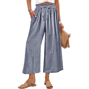 image:imageANRABESS Womens Striped Gingham Palazzo Cropped Pants with PocketsNavy Blue White Plaid