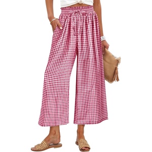 image:imageANRABESS Womens Striped Gingham Palazzo Cropped Pants with PocketsRed White Plaid