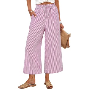 image:imageANRABESS Womens Striped Gingham Palazzo Cropped Pants with PocketsRed White Stripe