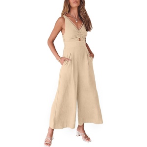 image:imageANRABESS Womens Summer Linen Wide Leg Sleeveless JumpsuitsBeige