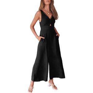 image:imageANRABESS Womens Summer Linen Wide Leg Sleeveless JumpsuitsBlack