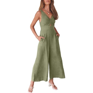 image:imageANRABESS Womens Summer Linen Wide Leg Sleeveless JumpsuitsOlive
