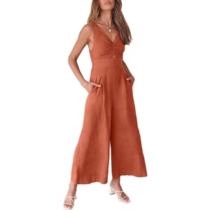 image:imageANRABESS Womens Summer Linen Wide Leg Sleeveless JumpsuitsRust