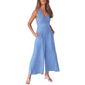 image:imageANRABESS Womens Summer Linen Wide Leg Sleeveless JumpsuitsSky Blue