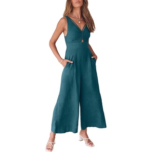 image:imageANRABESS Womens Summer Linen Wide Leg Sleeveless JumpsuitsTeal
