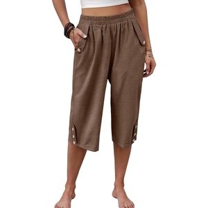 image:imageANRABESS Womens Wide Leg Capri Pants Summer Casual Beach CaprisBrown