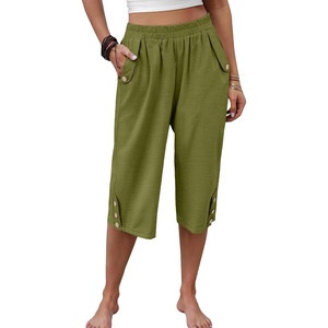 image:imageANRABESS Womens Wide Leg Capri Pants Summer Casual Beach CaprisOlive Green