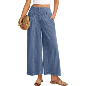 image:imageANRABESS Womens Wide Leg Palazzo JeansCropped Ankle LengthHigh Waist Baggy Barrel Denim Pants with PocketsWater Blue