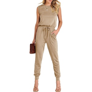 image:imageANRABESS Womens Summer Sleeveless Jumpsuits Casual Dressy Stretchy Crewneck Rompers One Piece Outfits Spring Fashion 2026Khaki