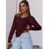 image:imageANRABESS Womens Cable Knit V Neck Long Sleeve Fitted Sweaters TopBurgundy