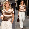 image:imageANRABESS Womens Short Sleeve Sweater Top Wool Blend Business Casual OutfitsStriped Caramel