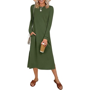 image:imageANRABESS Women Wrinkle Free Long Sleeve Fall Midi Dress with PocketsArmy Green