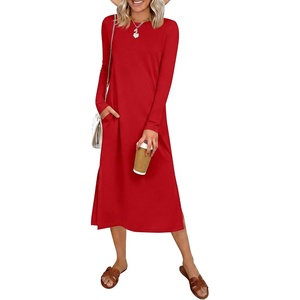 image:imageANRABESS Women Wrinkle Free Long Sleeve Fall Midi Dress with PocketsRed
