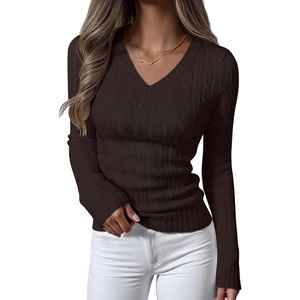 image:imageANRABESS Womens Cable Knit V Neck Long Sleeve Fitted Sweaters TopDeep Brown