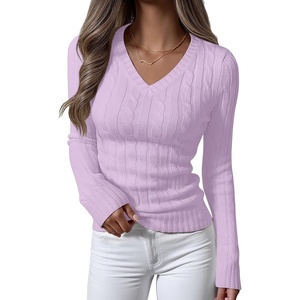 image:imageANRABESS Womens Cable Knit V Neck Long Sleeve Fitted Sweaters TopLight Purple